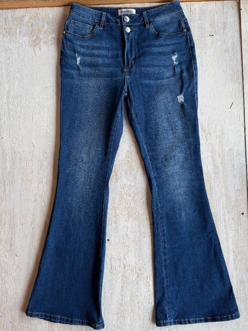 VIPONES High Rise Distressed Blue Wash Flare Leg Stretch Denim Jeans Womens 12